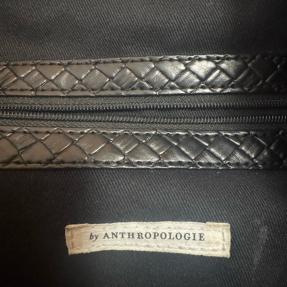 ANTHROPOLOGIE Woven Slouchy Tote Shoulder Vegan Leather Hobo Bag Black - Picture 2 of 8